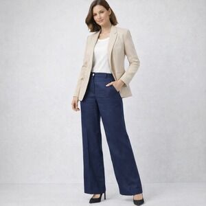White House Black Market Classic Wide Leg Linen Pants Navy Blue Size 12 Trousers